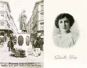 Gabrielle Petit y el monumento erigido en su honor en Bruselas, tarjetas conmemorativas, c.1925 (litografía) de Unbekannter Künstler