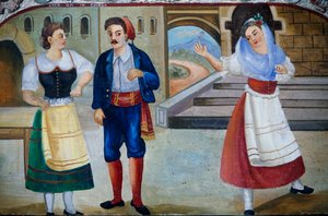 Escena galante con personajes disfrazados, pintura en panel de madera, artesanía siciliana, Sicilia, Italia (detalle)
