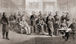 El General Ulysses S. Grant (sentado al centro derecha) y el General Robert E. Lee (sentado al centro izquierda) con sus respectivos estados mayores en el Palacio de Justicia de Appomattox, Virginia, donde el General Lee rindió el Ejército de Virginia del  de Unbekannt