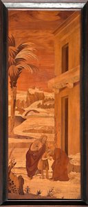 Génova, Duomo (Catedral de San Lorenzo), interior, ábside, coro, lado norte: "San Juan Bautista se despide de su familia", intarsia de madera de Vincenzo e Tommaso Garassino (siglo XIX)