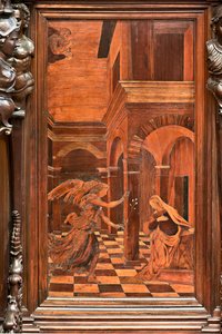 Génova, Duomo (Catedral de San Lorenzo), interior, presbiterio, ábside, coro, lado sur: "Anunciación", intarsia de madera de Gian Michele De