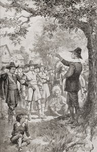 George Fox predicando a una multitud en Maryland, Estados Unidos, en 1671, durante una reunión de cuatro días de los cuáqueros locales. Jorge Fox de Unbekannter Künstler