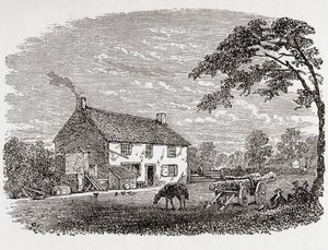Casa natal de George Stephenson. Casa de piedra del siglo XVIII donde nació George Stephenson, Wylam, Northumberland, Inglaterra, vista aquí en el siglo XIX. De Great Engineers, publicado hacia 1890 (grabado en blanco y negro). de Unbekannter Künstler