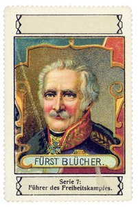 Sello alemán con la efigie de Gebhard Leberecht von Blucher (1742-1819) comandante alemán en la batalla de Waterloo. Serie de cromolitografías "Fuehrer des Freiheitskampfes", principios del siglo XX de Unbekannter Künstler