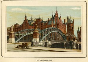 Alemania, Hamburgo, el "Brooksbruecke" (puente Brooks) y al fondo los almacenes del puerto, llamado "Speicherstadt", c.1890 (litografía) de Unbekannter Künstler