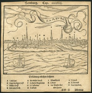 Alemania, Hamburgo, vista de la ciudad, en primer plano el río Elba, ilustración de la Cosmographia de Sebastian Muenster (Munster), c.1570 (grabado)