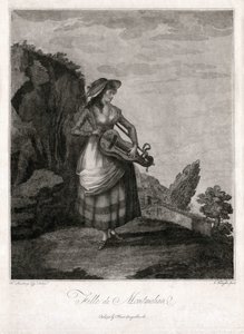 Niña de Montmelian, en Gironda, tocando la rueda antigua (grabado) de Unbekannter Künstler
