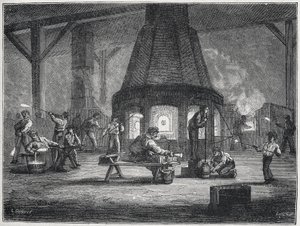Fabricación de vidrio en la segunda mitad del siglo XIX: niños trabajando, c. 1880 (grabado)