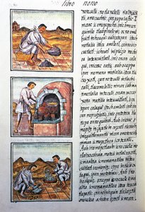 Procesamiento de oro por los españoles, texto en náhuatl, del facsímil del manuscrito Historia General de las Cosas de la Nueva España, también conocido como Códice Florentino, por Bernardino de Sahagún de Benjamin Baud