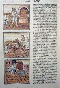 Producción de oro por los españoles, página del Códice Florentino, versión bilingüe en español y náhuatl, Historia General de las Cosas de la Nueva España, por el misionero español Fray Bernardino de Sahagún. Civilización azteca