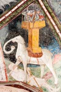 Fresco gótico; Eleazar Awaran mata al Elefante de Guerra Solimán y es aplastado; 3. claustro; Catedral; Brixen; Tirol del Sur; Italia; Europa