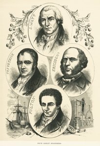 Grandes Ingenieros e Inventores: James Watt, John Ericsson, Robert Fulton, Richard Trevithick, c.1880 (foto en blanco y negro) de Unbekannt