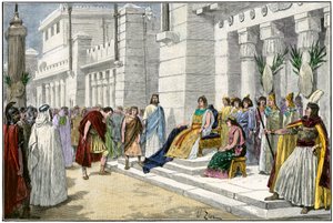 Mitología griega y romana: Didón (o Elisa o Elissa), legendaria fundadora y primera reina de Cartago (Túnez), recibe a Enee, la heroína de la guerra de Troya y fundadora de Lavinio, originaria de Roma (Italia) - Grabado coloreado siglo XIX - Dido, fou de Unbekannter Künstler