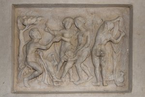Mitología griega: el Juicio de Paris. El pastor Paris debe elegir a la más bella de las tres diosas entre Afrodita (Venus), acompañada por Cupido, Hera (Juno) y Atenea (Minerva). Él elige a Afrodita a quien le ofrece una manzana dorada. Relieve de Unbekannt
