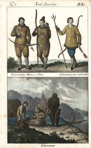 Habitantes de Groenlandia con pieles y un inuit de Labrador (Canadá) con un tridente. Abajo, una escena cotidiana de la vida familiar inuit delante de un iglú, una tienda de campaña y una canoa, Norteamérica. Litografía para el libro: "Galerie complete en  de Unbekannter Künstler