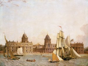 Hospital de Greenwich (Inglaterra), desde la Isla de los Perros (orilla norte del Támesis), con la navegación de diversos barcos por el río. Óleo sobre lienzo, hacia 1830-1840 de Unbekannter Künstler