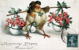 Tarjeta de felicitación de Pascua: un pollito llevando huevos llenos de rosas - Postal fechada en 1908