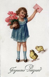 Tarjeta de felicitación de Pascua: una niña pequeña trae una carta sellada acompañada de dos pollitos - Postal de finales del siglo XIX-XX de Unbekannt