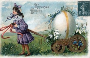 Tarjeta de felicitación para Pascua: una niña atrapa un huevo gigante en un carro de William M. Timlin