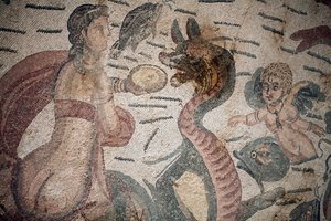 Sala de Arion. Escena marina. Criaturas marinas. Nereidas y tritones. Siglo III - IV. Villa Romana del Casale, Sicilia. Sitio UNESCO. de William M. Timlin