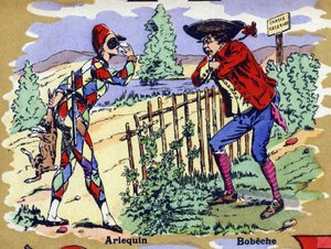 Arlequín y Bobeche. Alfabeto ilustrado. Imágenes reunidas en Jarville-Nancy, principios del siglo XX. Dim: 40 x 29 cm. Litografía sobre fondo bistre de William M. Timlin