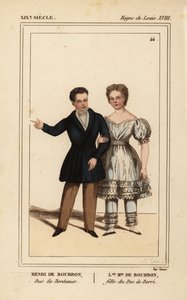 Enrique, conde de Chambord, duque de Burdeos 1820-1883 y Luisa María Teresa de Artois, hija del duque de Berry 1819-1870. Litografía coloreada a mano por Madame Calon de Le Bibliophile Jacob alias Paul Lacroix