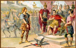 Historia. Antigua Roma. Vercingétorix (jefe de una tribu gala: los Avernos) se rinde a Julio César en Alesia, 52 a.C. Imaginería, Francia, c.1900.