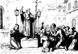 Historia de la Antigua Roma. Un fraile predica a la gente en una plaza de Roma. Grabado de Bartolomeo Pinelli del siglo XIX de Unbekannt