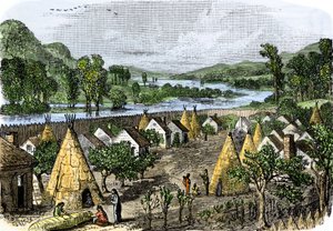 Historia de los pueblos indígenas: Pueblo Mohawk, Nueva York, hacia 1780. Colorido grabado del siglo XIX. de Unbekannter Künstler