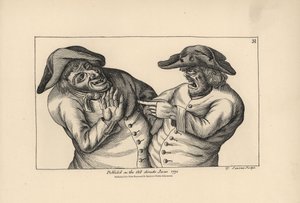 Hodge y Roaf se acusan mutuamente de dejar una olla de pis en lugar de una jarra de cerveza. Grabado en cobre de Thomas Sanders a partir de una ilustración satírica de Timothy Bobbin (John Collier) (1708-1786) de Human Passions Delineated, John Haywood, Ma