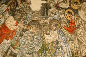 Monasterio copto de la Santa Virgen y San Juan Kame: fresco del siglo IX: La Anunciación. María está rodeada por los profetas Moisés, Isaías, Ezequiel y Daniel. Egipto