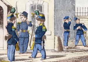 Cazadores a pie. Grabado en "Alphabet militaire enfantin". Imágenes de Pont-a-Mousson, circa 1890. 20 páginas