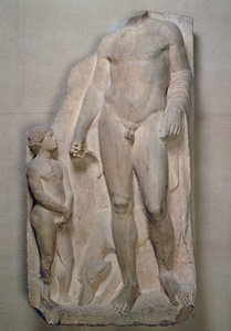 Cazador, fragmento de un relieve en una estela funeraria, Ática, probablemente principios del siglo IV a.C.