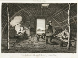 Hutte du Kamchatka (península extrema oriental de Rusia) y trineo de transporte, hacia 1810