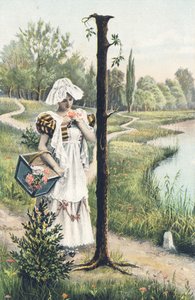 I: Una mujer de pie con vestido, delantal y tocado sostiene una cesta en su brazo derecho. Decorado campestre - Alphabet personajes Ref Th. E., L. Theochrom - Serie 994. Theodor Eisman, editor, Leipzig de Unbekannt