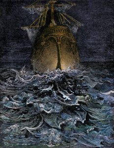 Observé el mar en descomposición, el casco de un barco en el mar de noche - Ilustración de Gustave Dore (1832-1883) para "La Lournte du vieux sailor" de Samuel Taylor Coleridge (1772-1834) - Grabado coloreado de Unbekannter Künstler