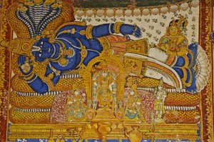 India, Tamil Nadu, Srirangam, Templo Hindú Sri Ranganathasvami (orig siglo X), pintura mural de Vishnu