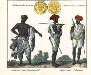 Trajes indios: un hombre de la costa de Coromandel y dos soldados de Mysore (o Maissour). Con una moneda de oro de la Compañía de las Indias Orientales. Litografía para el libro: "Galerie complete en tableaux fideles des peuples d