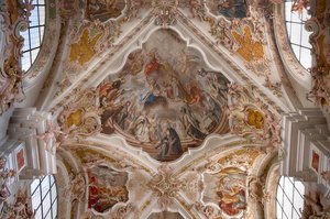 Fotografía interior de frescos en el techo, pintura en el techo, basílica monasterial, iglesia monasterial, monasterio de canónigos agustinos, monasterio de Neustift, también monasterio, Vahrn cerca de Brixen, Bressanone, Tirol del Sur, Italia, Europa (fot