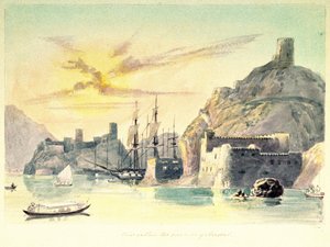 Vista interior del puerto de Mascate (Omán), con descripción de edificios fortificados y barcos amarrados. Teniente coronel Paint Charles Hamilton Smith (1776-1859) de Unbekannter Künstler