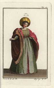 Noble italiana vestida de corte con abrigo forrado de piel con mangas voluminosas de Unbekannter Künstler