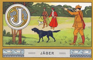 J: Jager - Alfabeto Palmin. Serie de cromolitografías publicadas por H. Schlinck & Cie, Hamburgo, s.f. . Anuncio de Palmin feinstes Cocosfett. Tamaño : 7 x 11 cm de Unbekannter Künstler