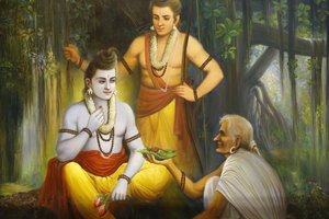 Templo hindú Jalaram Prathna, Leicester. Fresco. Rama se encuentra con Shabari, quien ofrece comida a Ramacandra. Reino Unido de Unbekannt