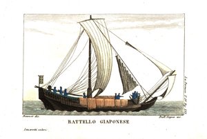 Velero japonés. Ilustración de Jean Louis Prevost Del diario de Jean François de Galaup, conde de La Perouse (1741-1788). Grabado al cobre de dell