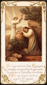 Jesús arrodillado en oración en el Huerto de Getsemaní, un ángel le presenta un cáliz. Principios del siglo XX (tarjeta postal)