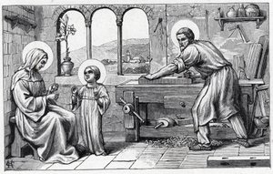 Jesús sirviendo a María. Alfabeto del niño Jesús. Edición de 1932. Tallas en madera firmadas H G. Colección privada
