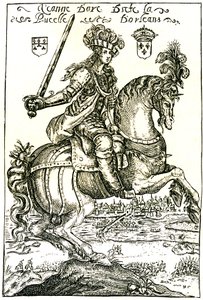 Juana de Arco frente a Orleans, a caballo, espada en alto