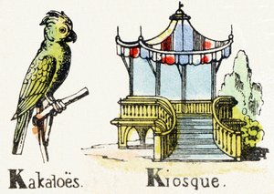 K - Cacatúa Quiosco - Alfabeto de Entretenimiento Infantil c.1890 (litografía)