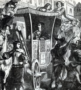 El rey Carlos I matizado por la multitud tras el intento fallido de arrestar a los cinco miembros del parlamento John Pym, John Hampden, Denzil Holles, William Strode y Arthur Haselrig el 4 de enero de 1642. Siglo XIX (grabado de "Historia del mundo") de Unbekannter Künstler
