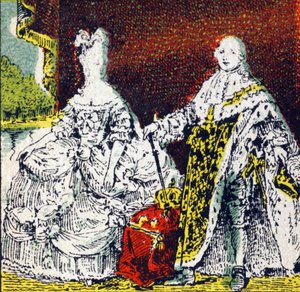 Rey Luis XVI de Francia y la Reina María Antonieta. Grabado en "Histoire de France". Serie de imágenes publicitarias publicadas en nombre de Louit, 24 rue d